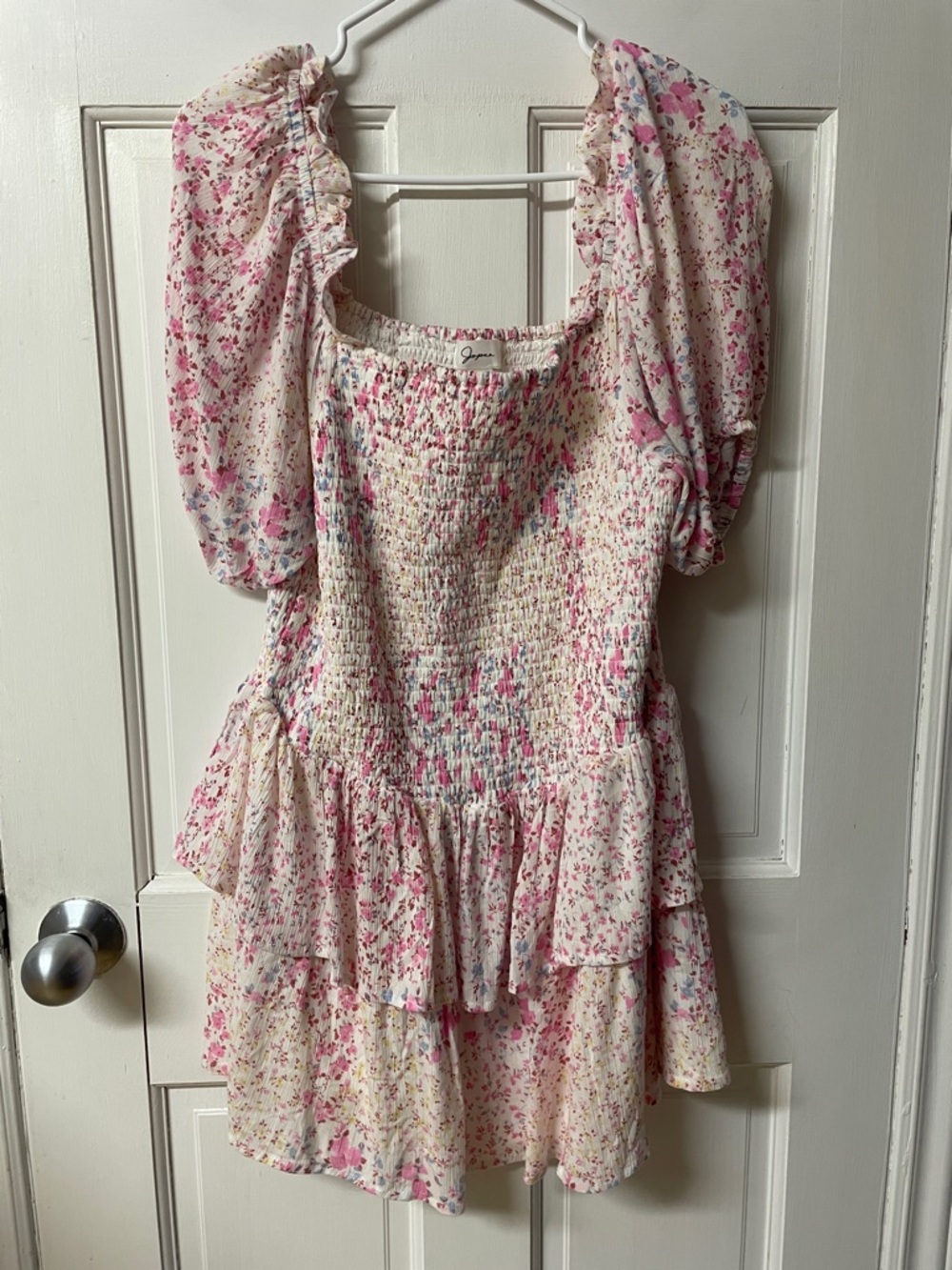 Japna floral print feminine mini dress, smocked bodice tiered ruffle skirt XL